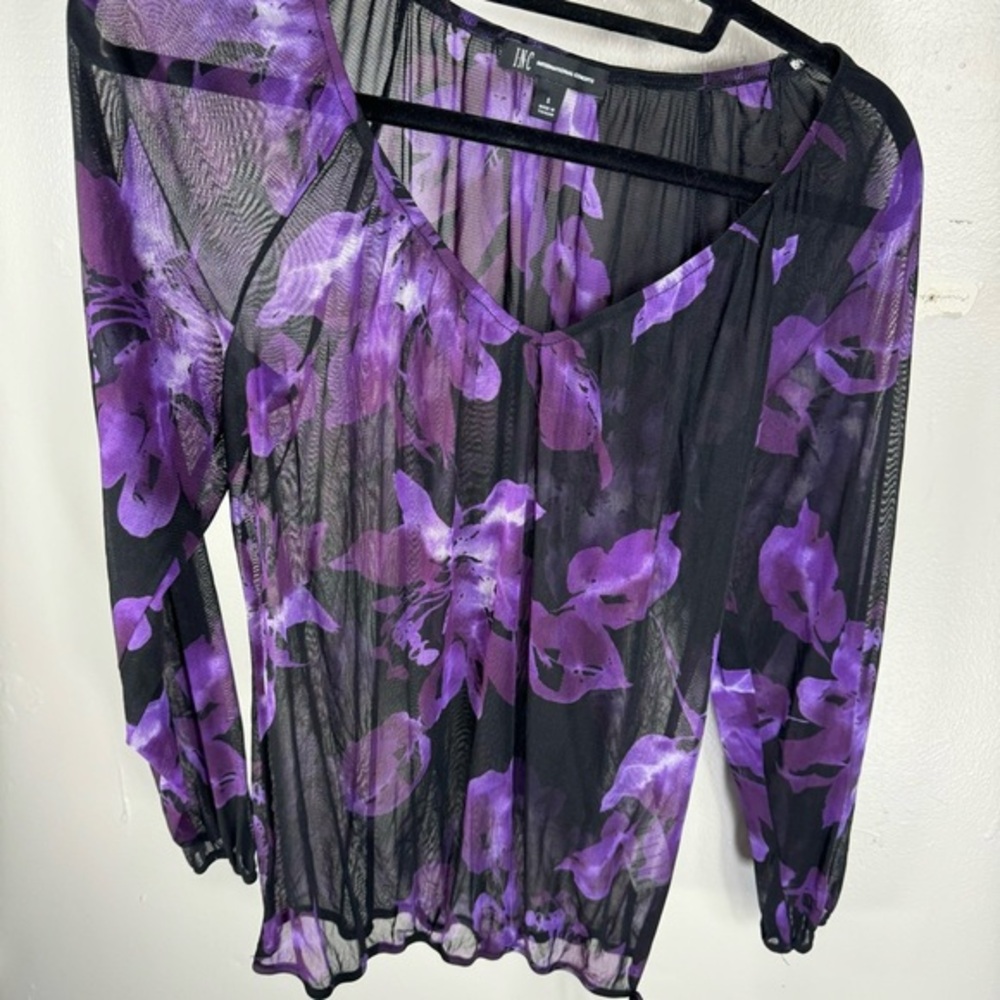 Y2K allover mesh top black purple floral print mesh small INC dark fairy grunge